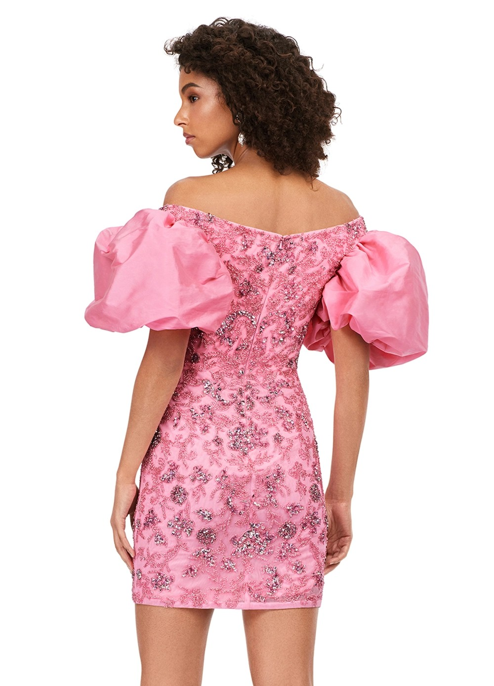 Pink Off-The-Shoulder Mini Dress With Intricate Beading And Oversized Puff Sleeves. Back View.
