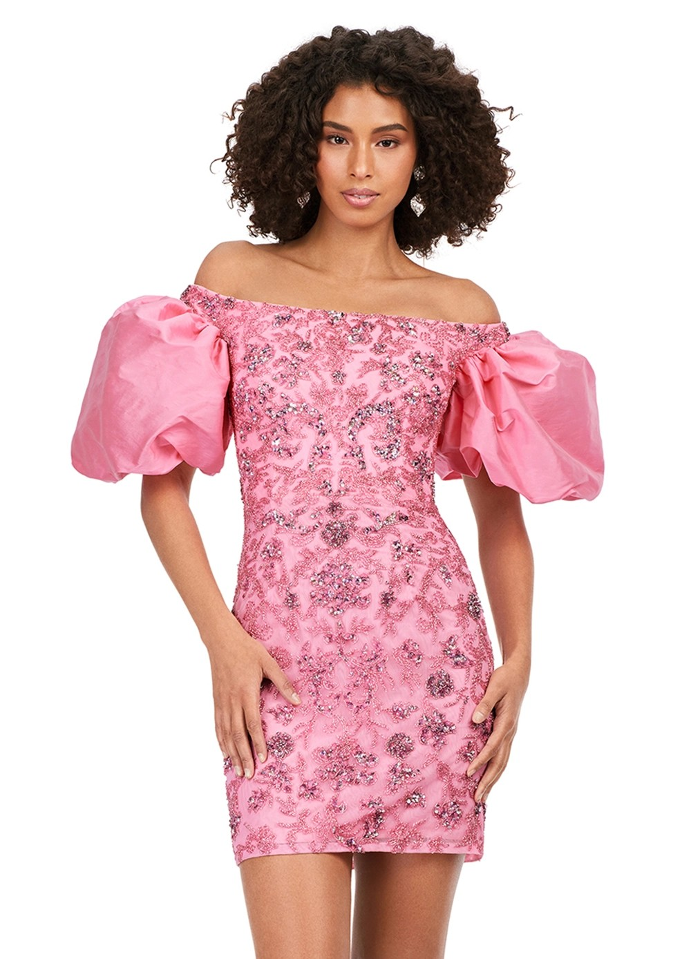 Off-The-Shoulder Mini Dress  In Pink With Intricate Beading And Oversized Puff Sleeves.