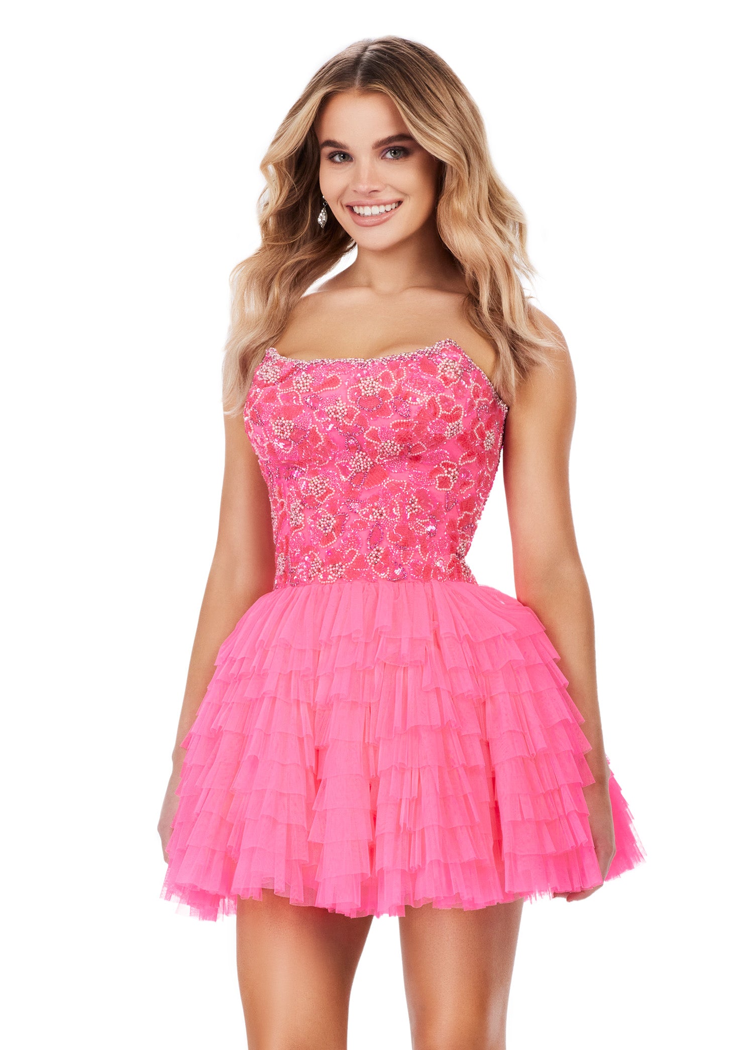 ASHLEYlauren 4671 Pink mini dress with a sequinned bodice and layered tulle skirt, perfect for luxury evening events and high-end occasions
