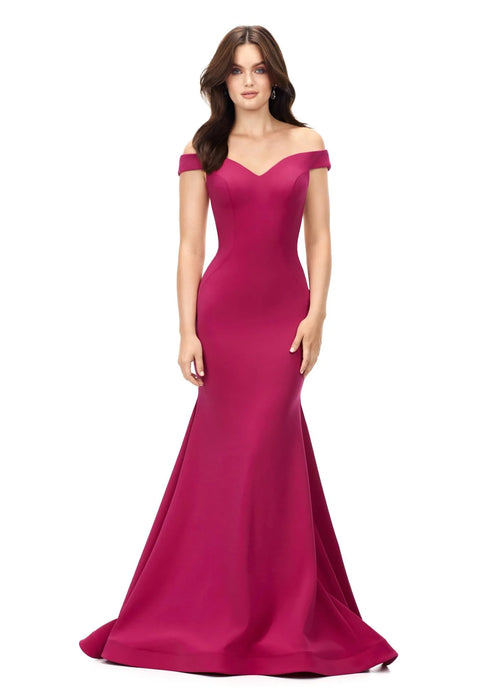 Shai Gown | Raspberry off the shoulder fit and flare gown with sweetheart neckline, strappy crisscross back and sweep train, crafted in scuba fabric for a sleek and elegant finish.