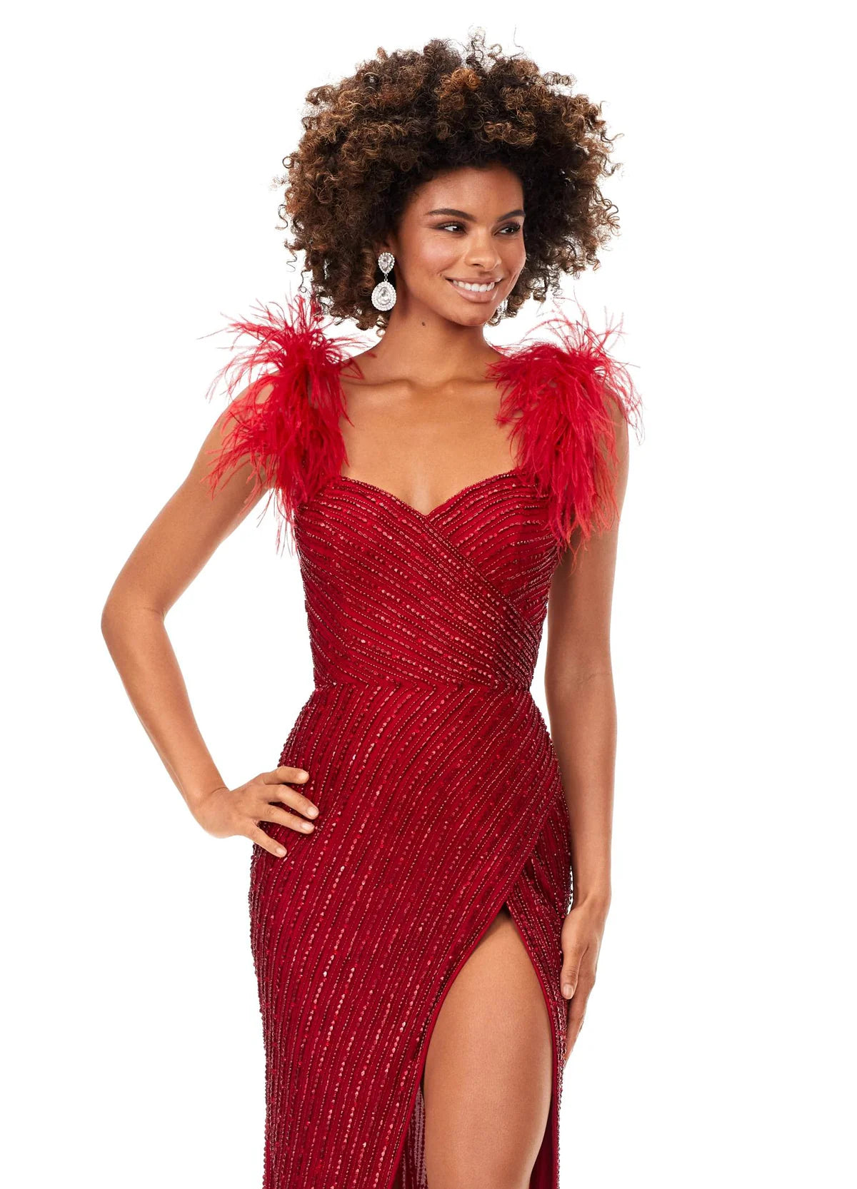 Red Beaded Evening Gown With Sweetheart Neckline, Feathered Shoulder Accents, High Slit, and Fitted Silhouette