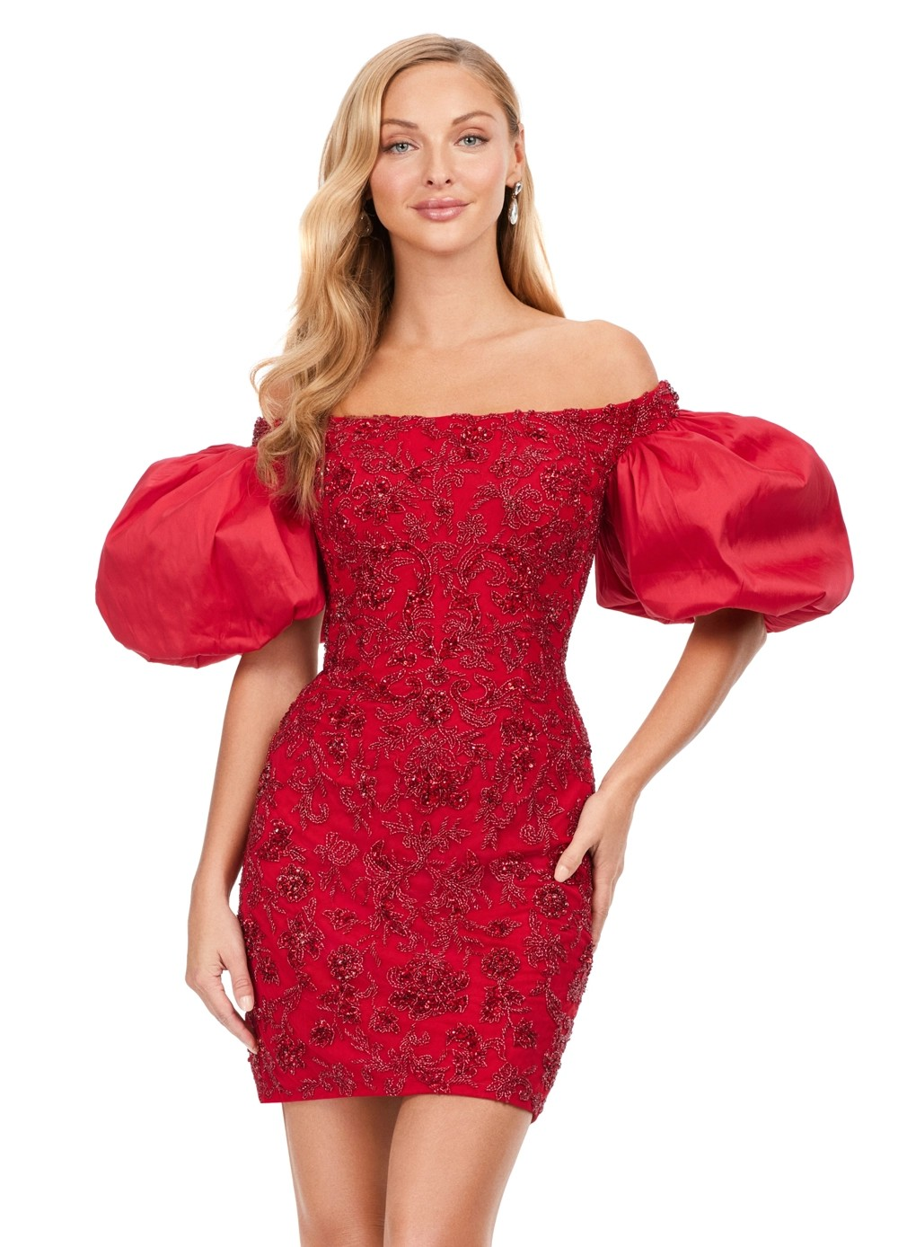Red Off-The-Shoulder Mini Dress With Intricate Beading And Oversized Puff Sleeves.