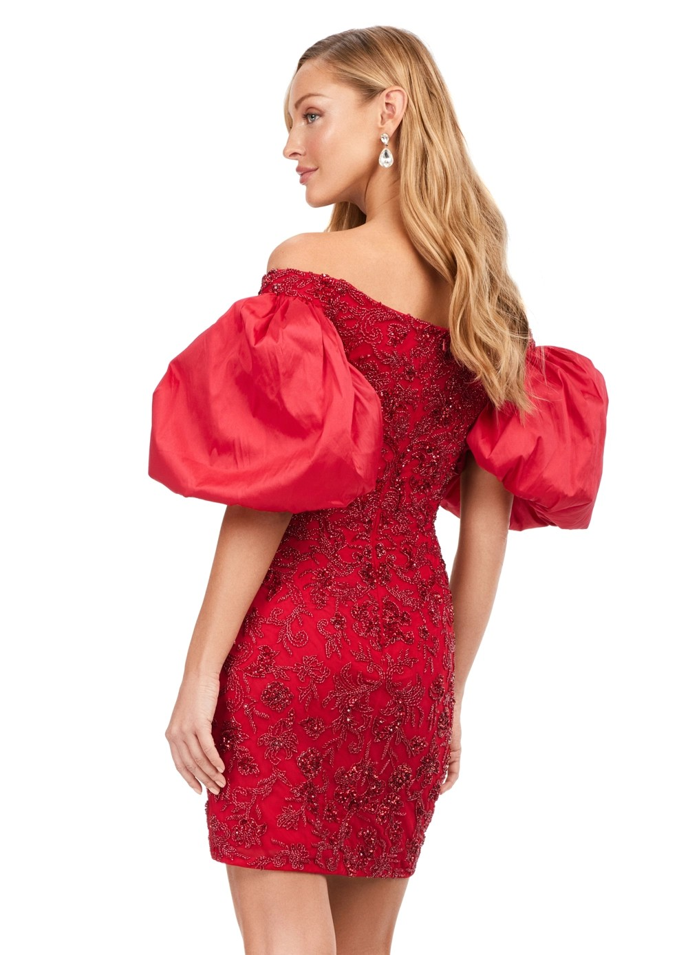 Red Off-The-Shoulder Mini Dress With Intricate Beading And Oversized Puff Sleeves. Back View.