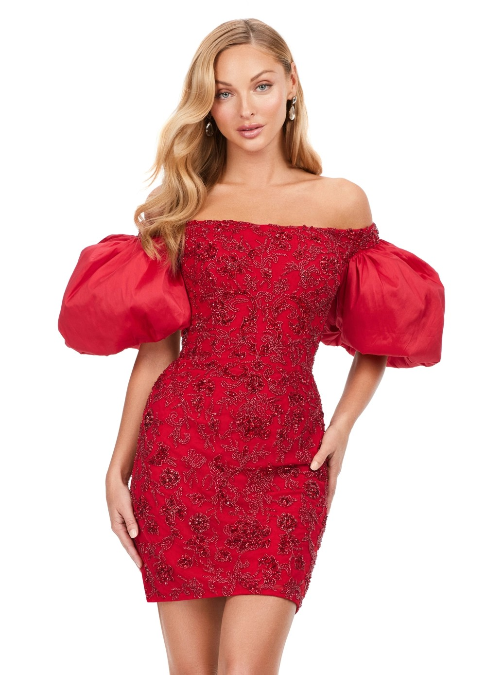 Off-The-Shoulder Mini Dress In Red With Intricate Beading And Oversized Puff Sleeves.