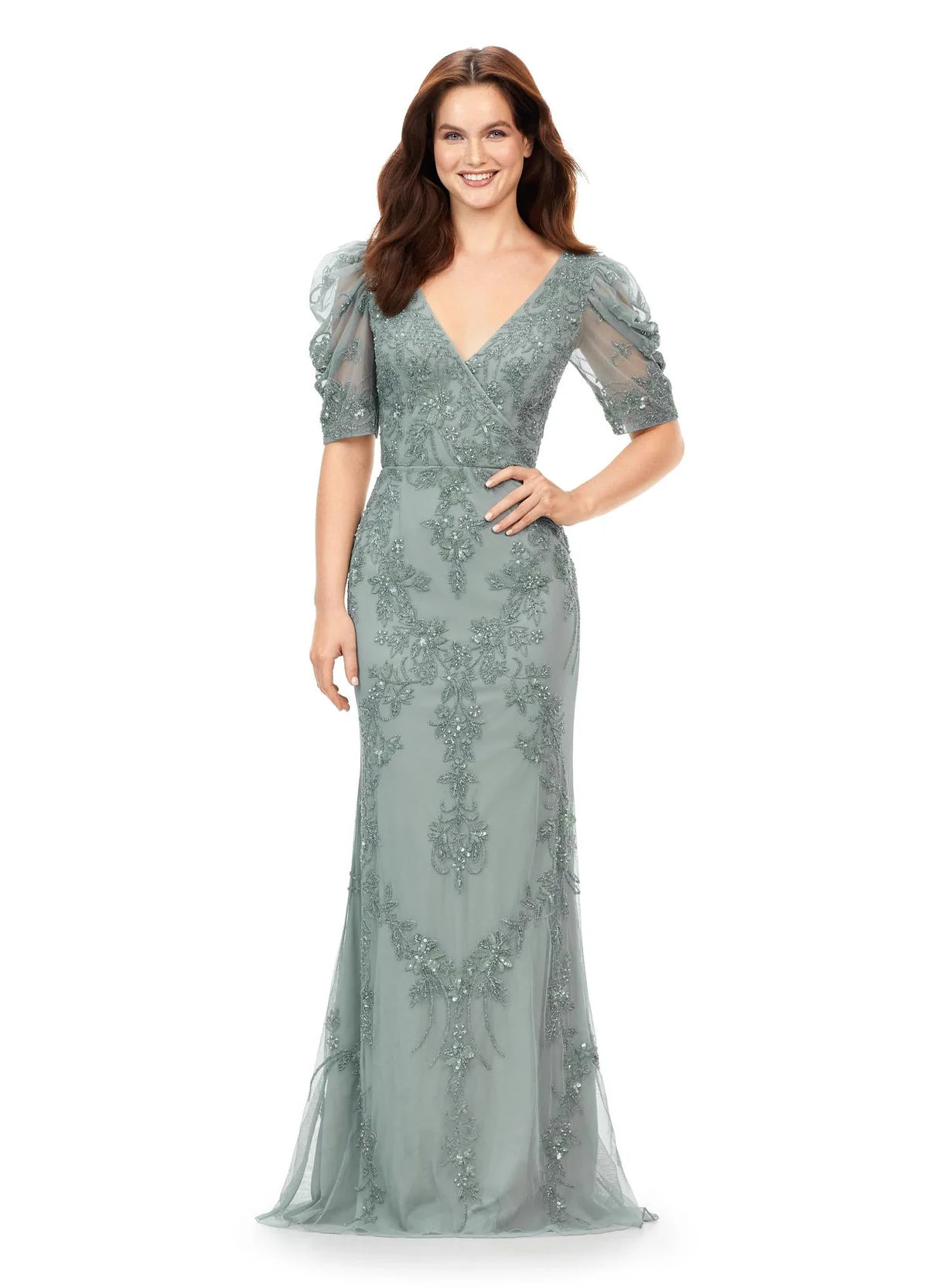 Elegant gown with floral embroidery, sheer detailing, ruched puff sleeves, and a modest scoop back