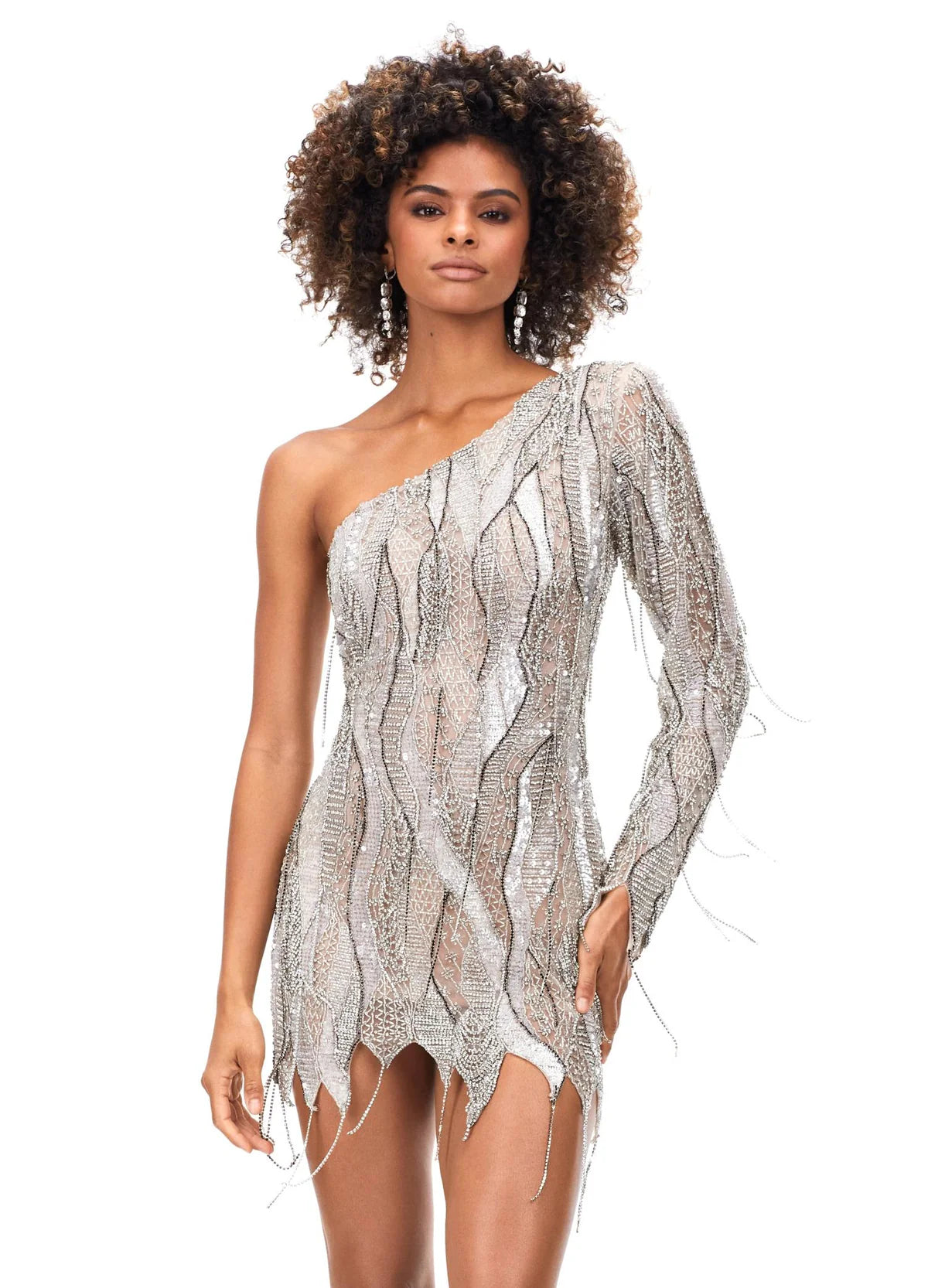 Asymmetrical silver mini dress adorned with intricate beadwork and shimmering details, featuring a bold one-sleeve design for a striking and sophisticated look.