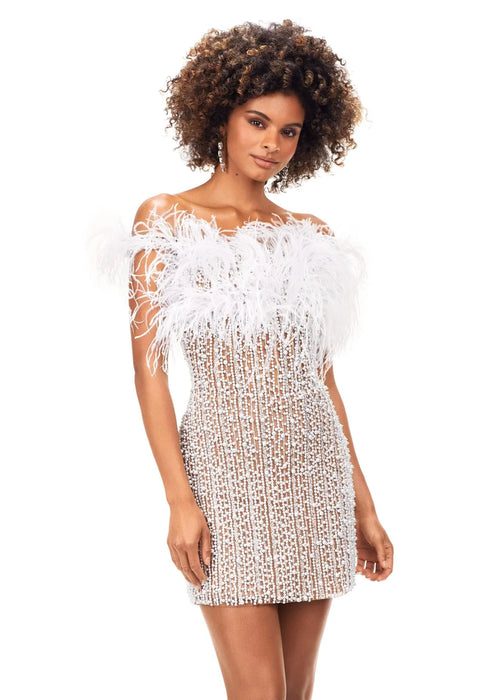 Eliza | White Chic mini dress adorned with shimmering beadwork, featuring an off-shoulder feathered neckline and a fitted silhouette for a glamorous look.