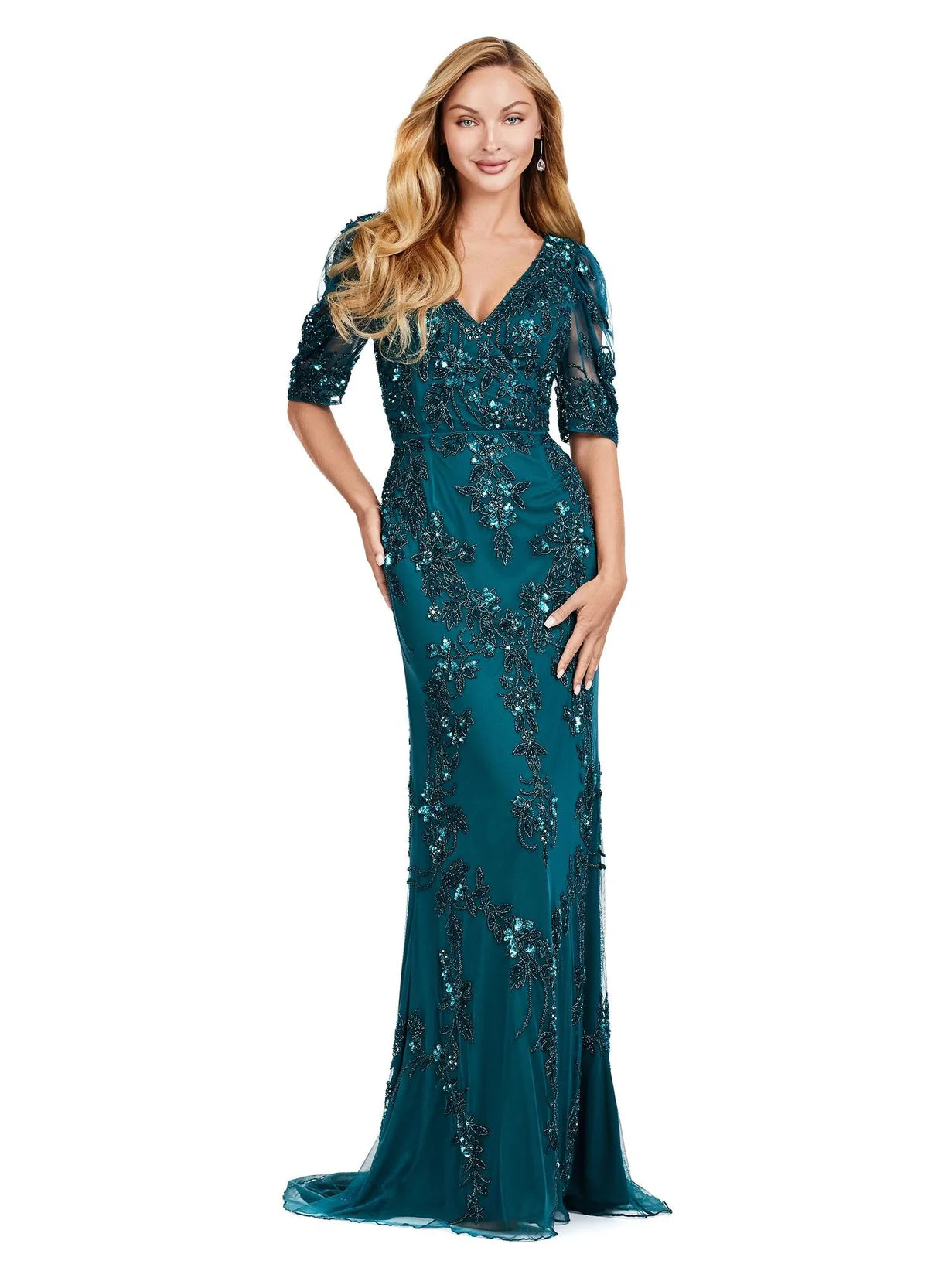 Deep green gown with floral embroidery, sheer detailing, ruched puff sleeves, and a modest scoop back