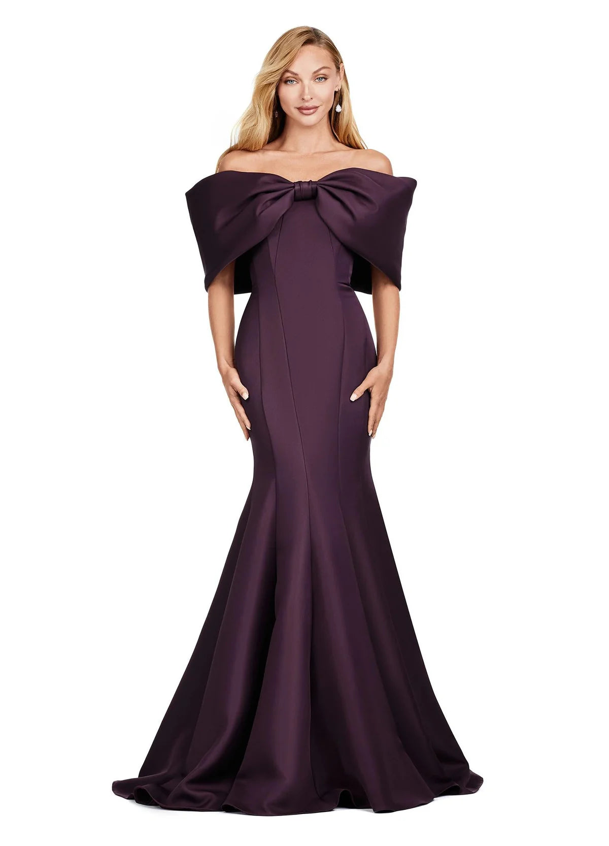 Wine strapless mermaid gown with a dramatic oversized bow draping the shoulders, creating a timeless and sophisticated silhouette.