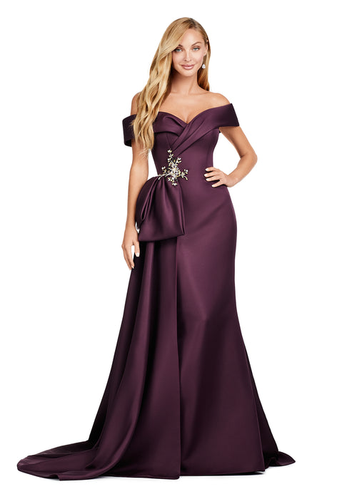 Ari Gown | Wine off shoulder evening gown with heart shaped bust, cinched waist and intricate detailing creating a graceful hourglass silhouette with flowing skirt perfect for weddings galas and formal events