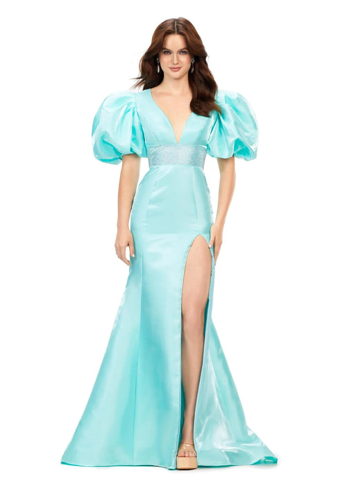 Clara Gown | Aqua shimmer satin V-neck dress with oversized puff sleeves, fitted skirt, embellished waistband, and lace-up back.