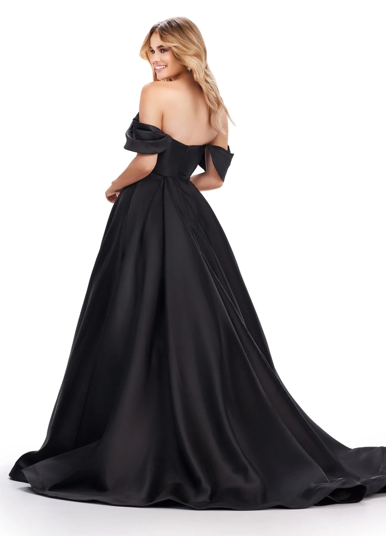 Mystic Gown | Black Sophisticated evening gown featuring structured silhouette, graceful off shoulder cut and timeless ball gown style