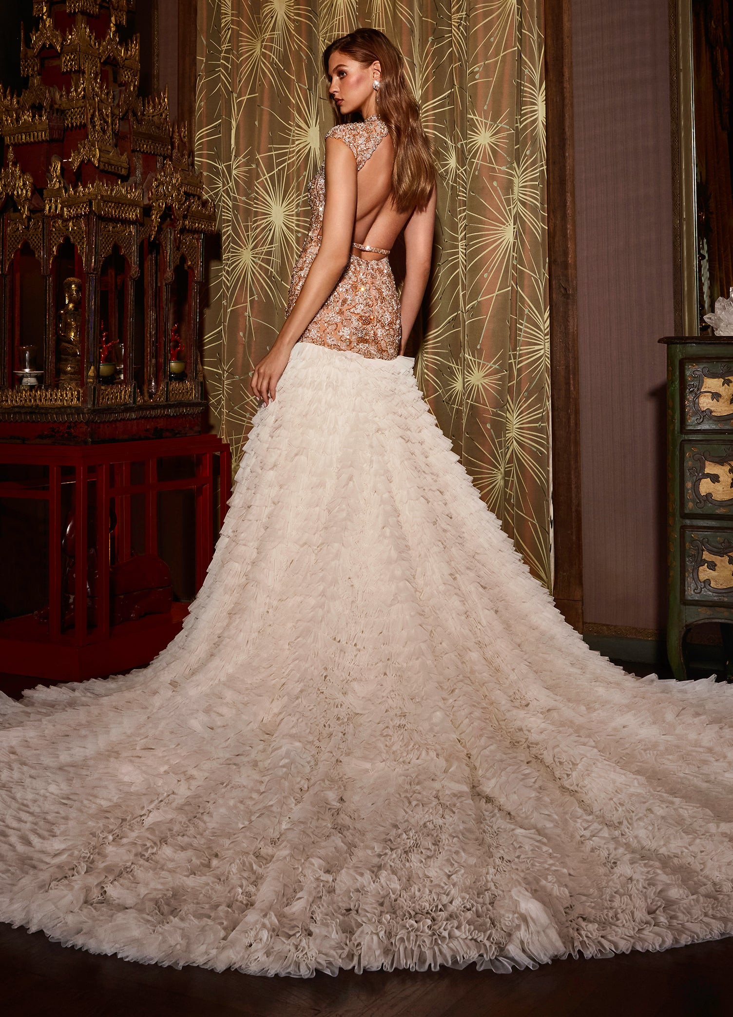 ASHLEYlauren_11428 Gold Embellished Lace Bodice Gown with Tiered White Skirt – Luxury Bridal or Evening Wear