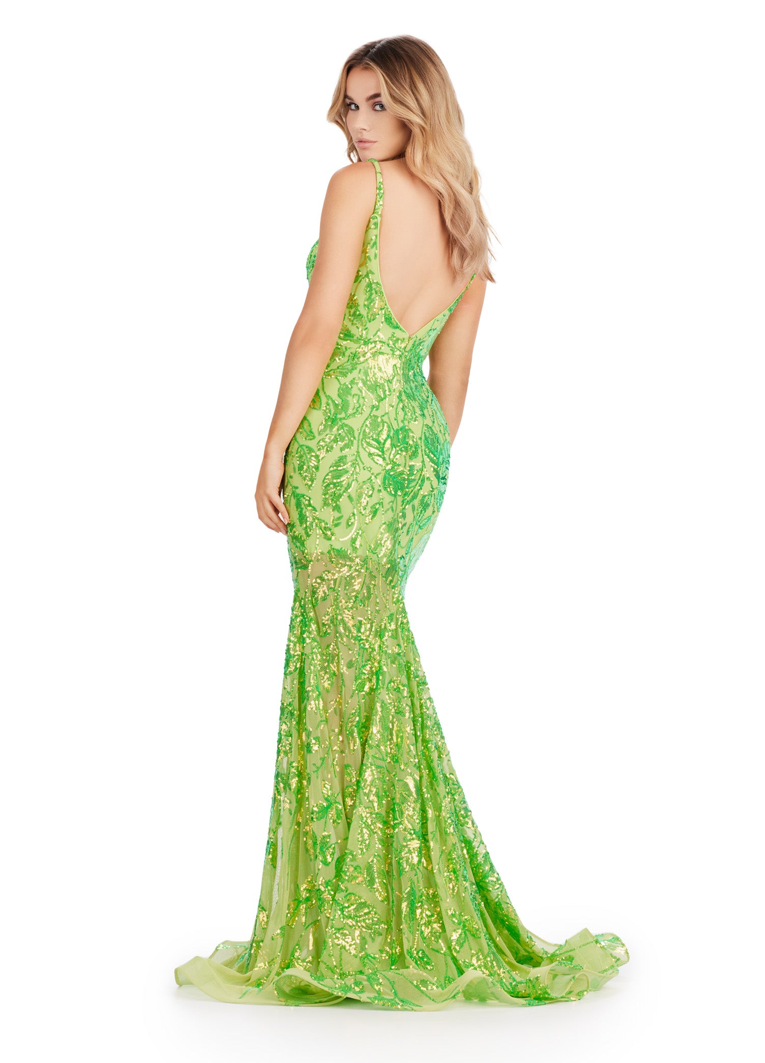 Back view - ASHLEYlauren_11444 Neon green evening gown adorned with shimmering sequin detailing and a plunging V-neckline, featuring a fitted silhouette that flares into a mermaid-style skirt.