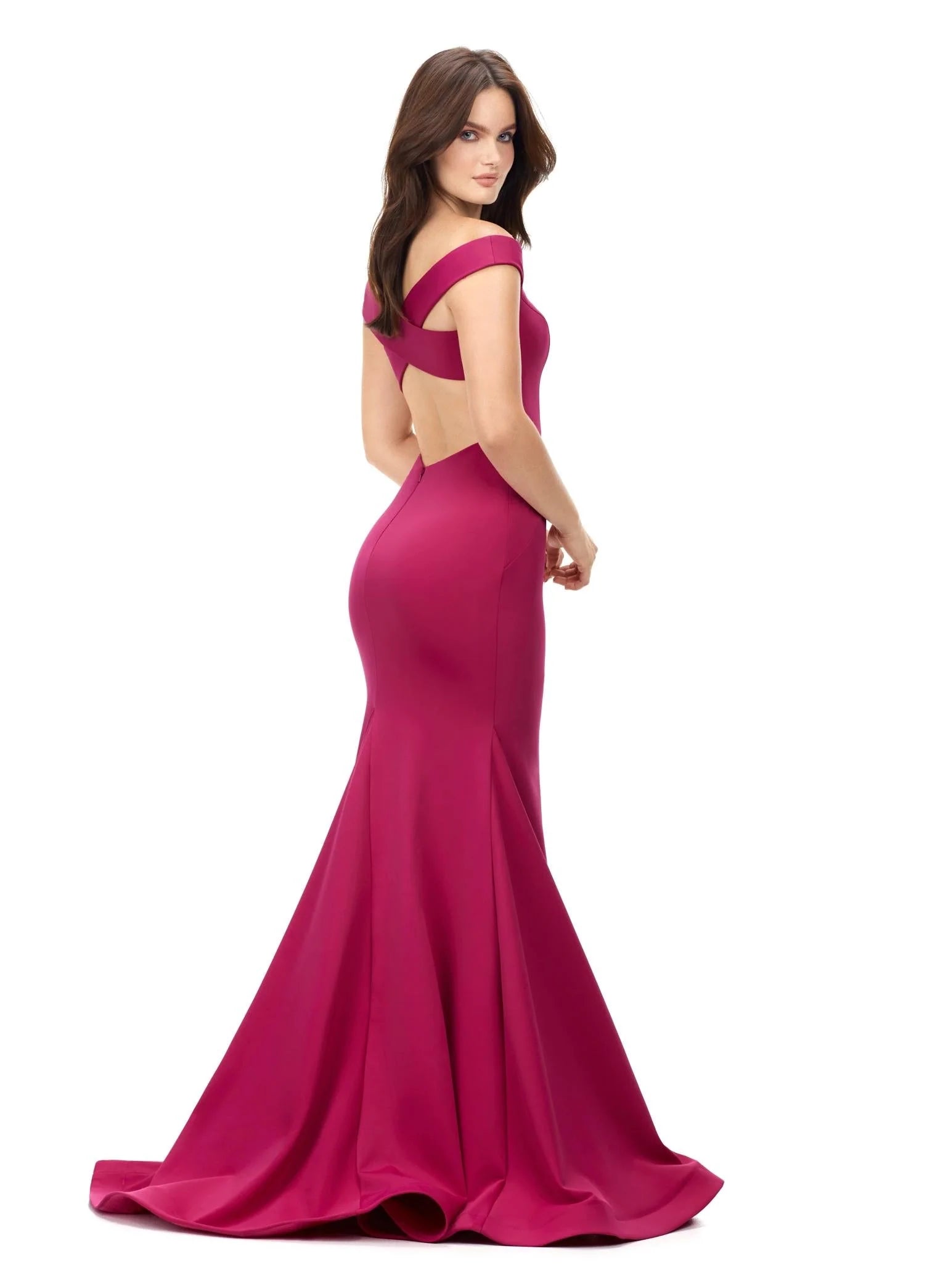 ASHLEYlauren 11025 Shai Gown – Elegant off-the-shoulder fit-and-flare gown with a structured sweetheart neckline, crisscross strappy back, and a dramatic sweep train, crafted from luxurious scuba fabric for a sleek and sophisticated look.