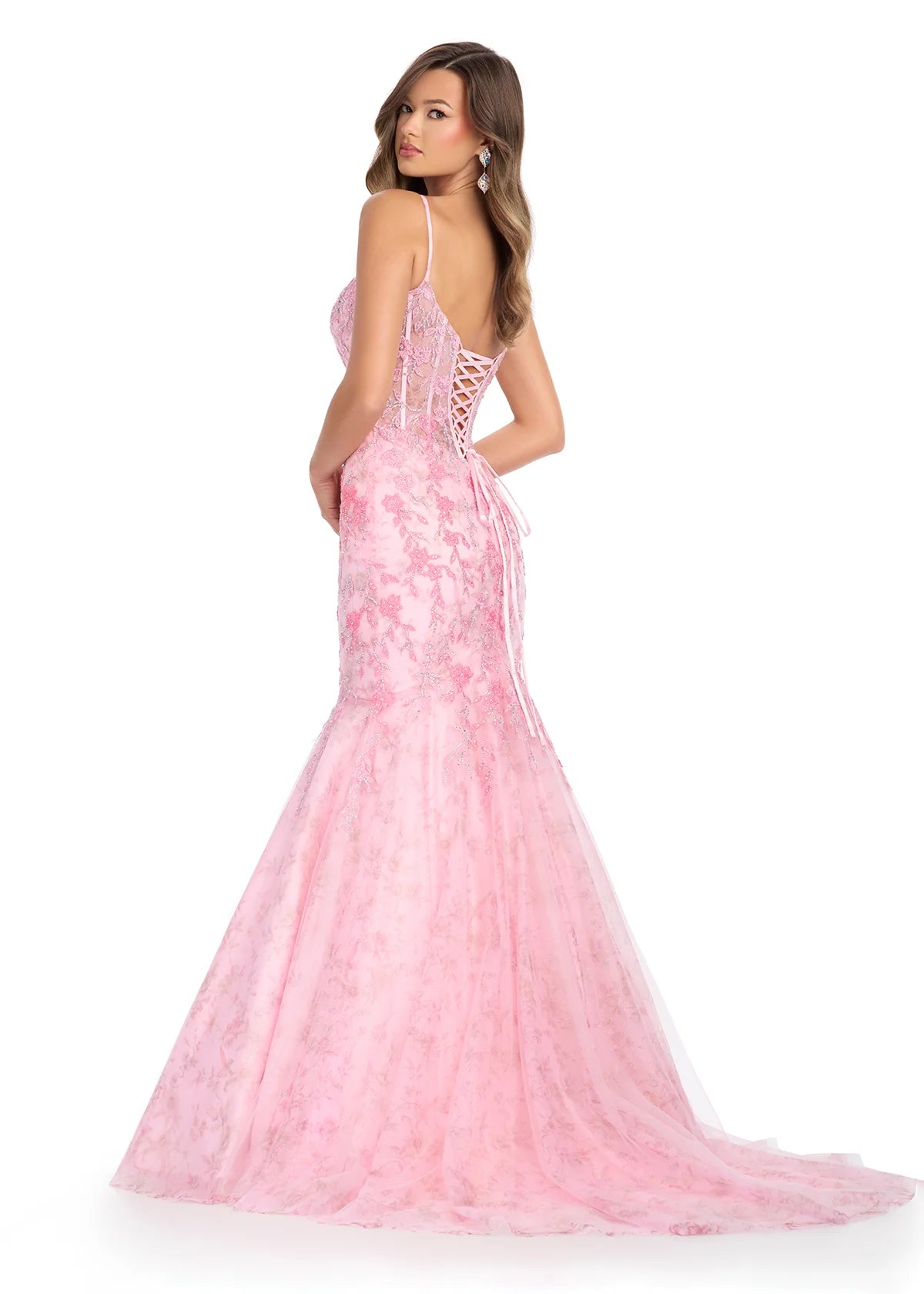 Back view - Enchanting pink mermaid gown featuring a floral lace overlay, a fitted corset bodice with delicate straps, and a dramatic flared skirt for a fairytale-inspired silhouette.