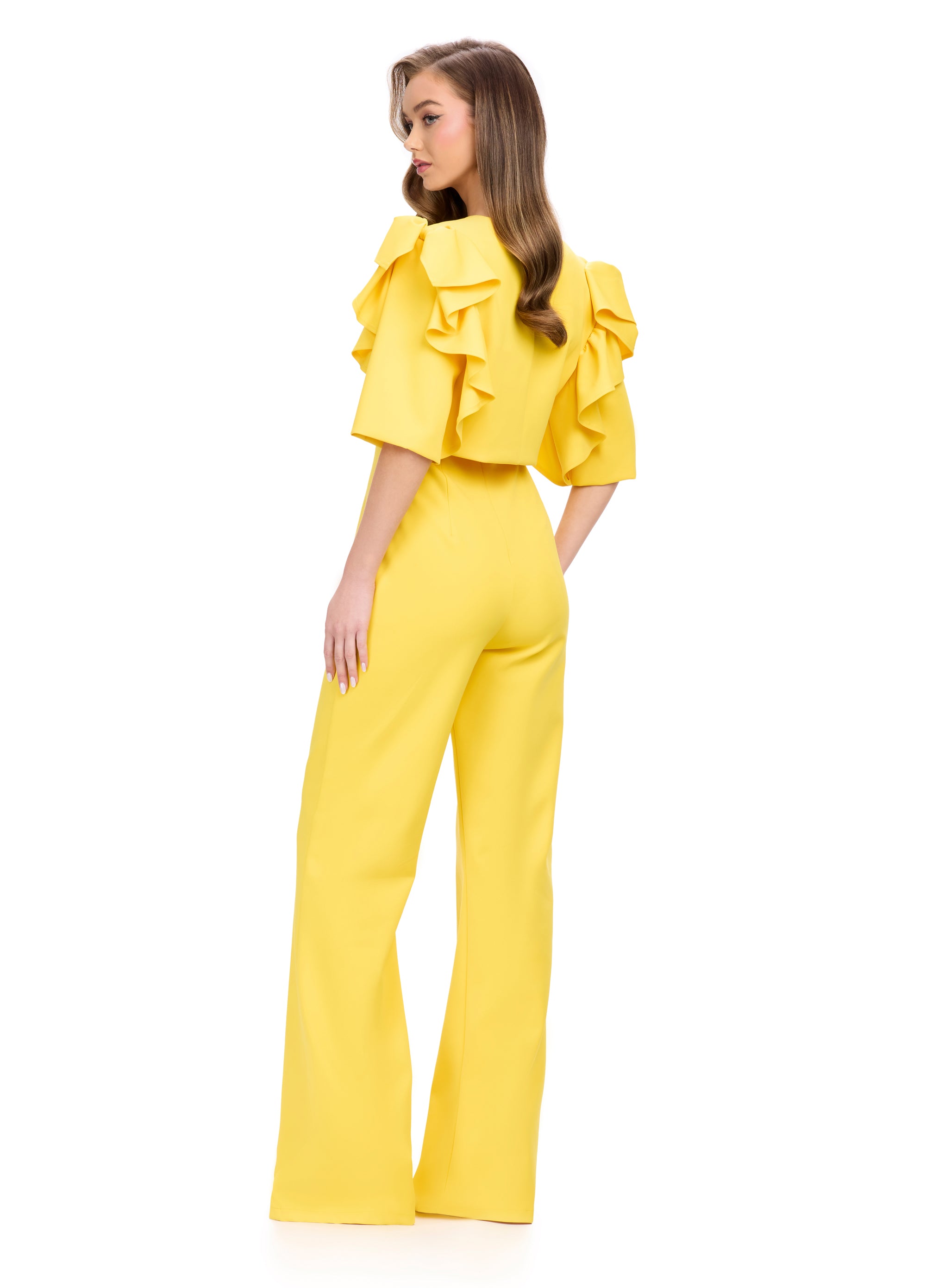 Back view | Yellow square-Neck Red Jumpsuit with Wide-Leg Silhouette | Elegant and Modern Evening Wear