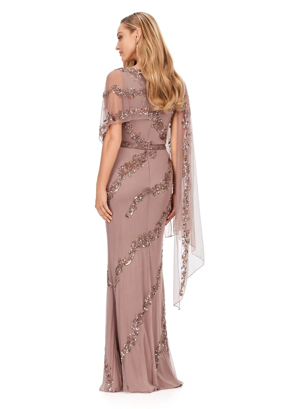 Back view. Dark Taupe ASHLEYlauren Maelis Gown 11213 featuring all-over hand beading, a structured bustier, and an asymmetrical draped overlay on the left arm, ideal for red carpet and formal events