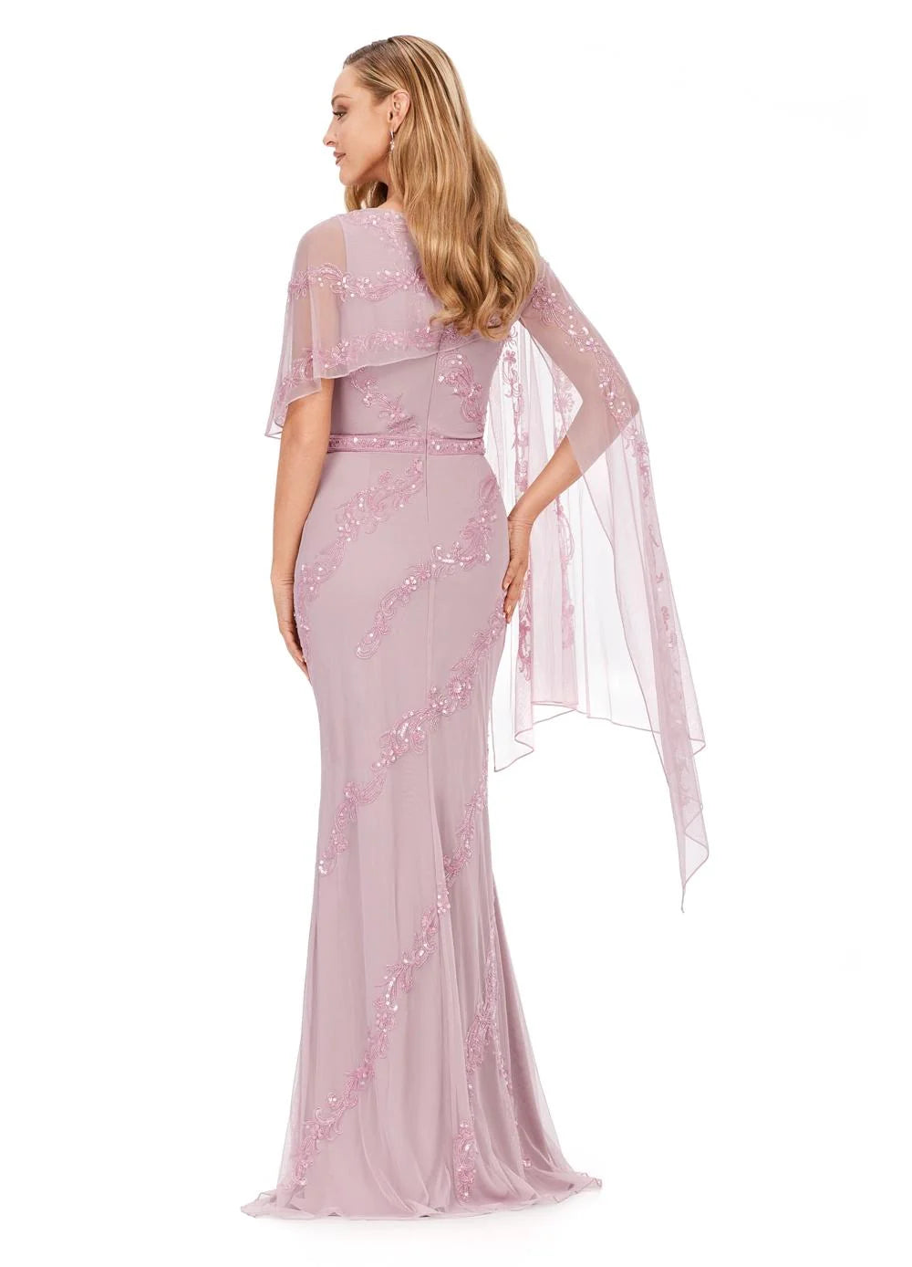 Back view. Dusty Rose ASHLEYlauren Maelis Gown 11213 featuring all-over hand beading, a structured bustier, and an asymmetrical draped overlay on the left arm, ideal for red carpet and formal events