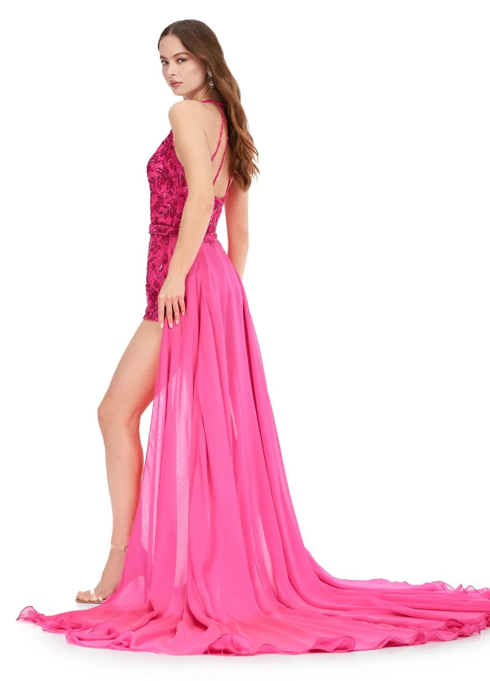Back view Neon Pink ASHLEYlauren Lainey Romper 11386 featuring halter neckline, deep V plunge, open back, intricate beadwork, and flowing chiffon overskirt for a bold yet elegant statement