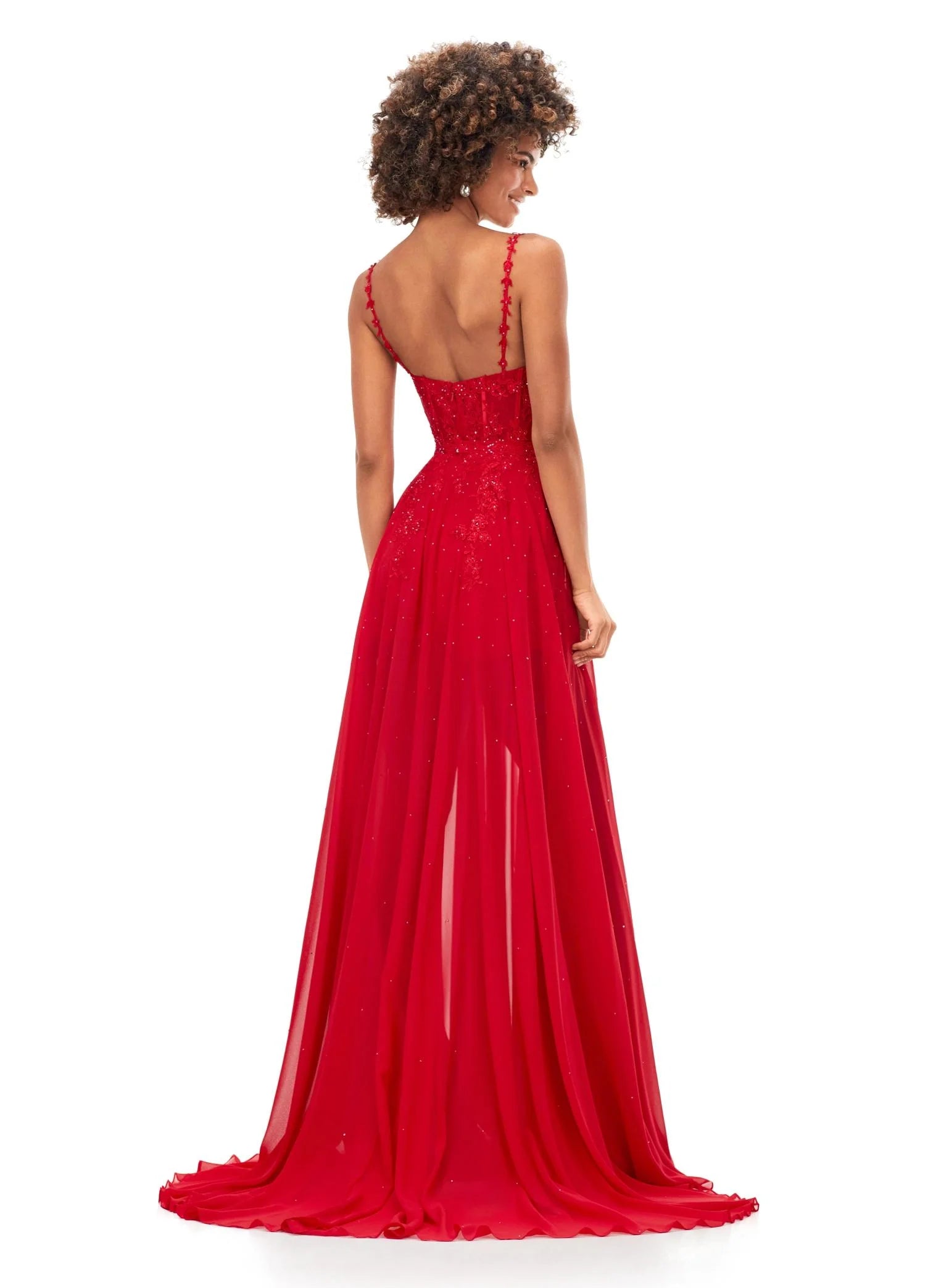 Back view Red ASHLEYlauren Odessa Romper 11333 featuring delicate lace appliqué, spaghetti straps, heat-set stones, fitted romper base, and detachable chiffon overskirt for a versatile formal look