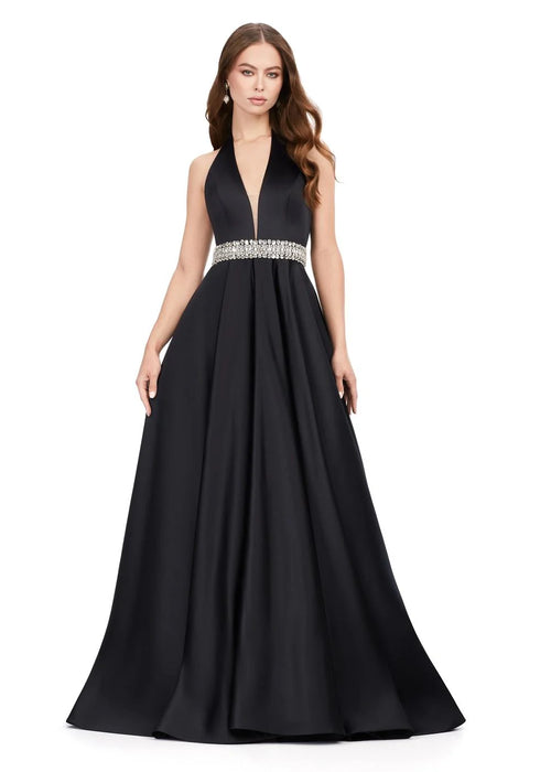 Laila Gown | Black long satin A-line gown with halter neckline, open back, and crystal belt for an elegant, flattering formal look.