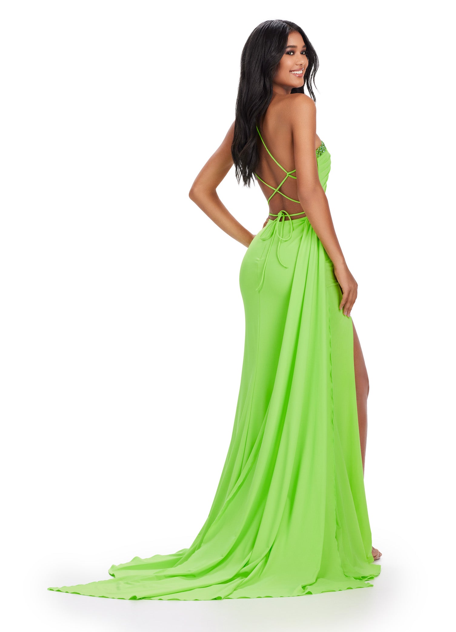 Back view of lime green One-Shoulder Gown With Embellished Cut-Out And Thigh Slit