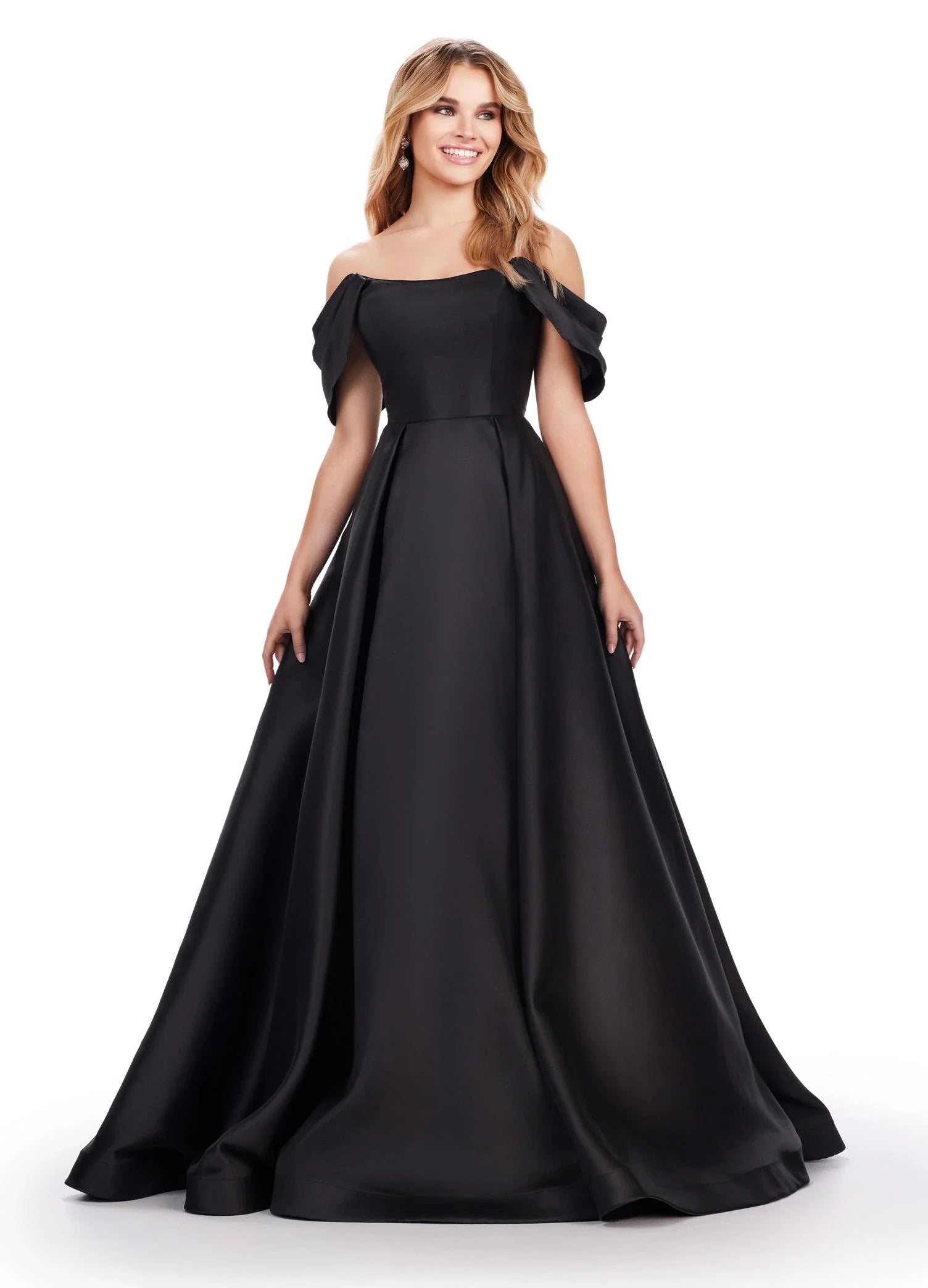 Mystic Gown | Black Elegant off shoulder Mikado ball gown with pleated detailing, fitted bodice and dramatic full skirt