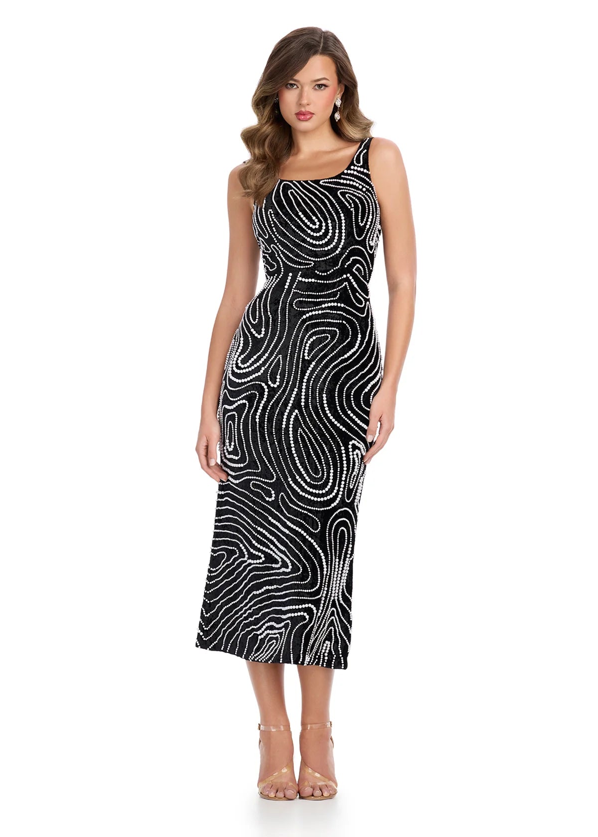 Black ASHLEYlauren Belluci Midi Dress 11786 featuring luxurious velvet fabric with intricate beadwork, scoop neckline, and figure-hugging midi silhouette for a glamorous evening look