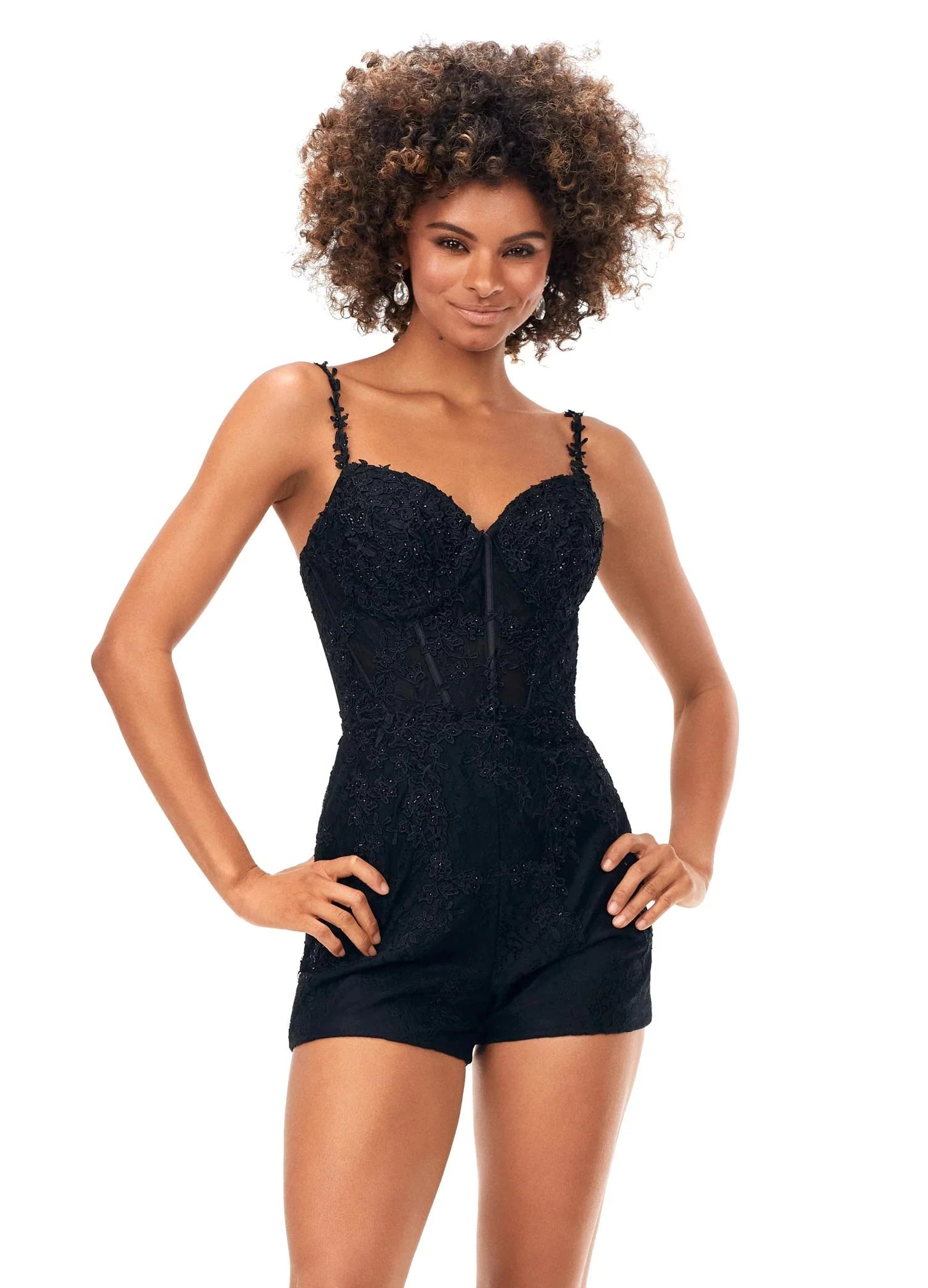 Black ASHLEYlauren Odessa Romper 11333 featuring delicate lace appliqué, spaghetti straps, heat-set stones, fitted romper base, and detachable chiffon overskirt for a versatile formal look