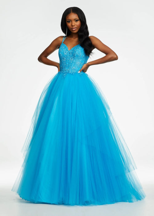 Isodora Gown | Blue pleated tulle ball gown with embroidered lace bustier, heat-set stones, spaghetti straps, and lace-up back for a flawless fit