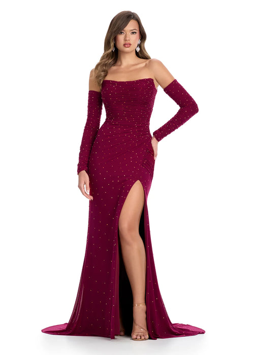 Dana Gown | Burgundy Strapless Evening Gown with Press On Stones, Detachable Embellished Sleeves and Left Leg Slit for Modern Glamour at Galas, Red Carpets and Formal Events
