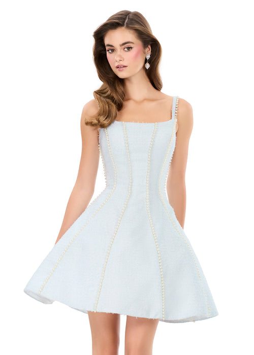 Cavira Mini Dress | Sky structured tweed mini dress featuring square neckline, double straps, and couture pearl detailing
