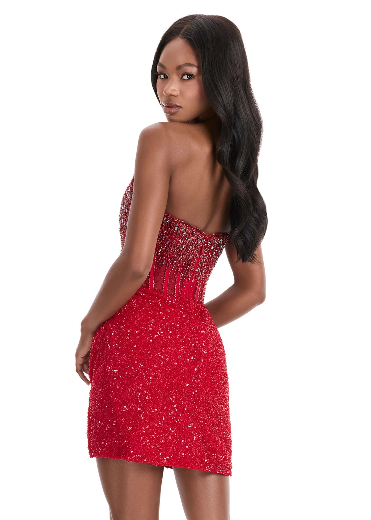 Diamond Mini Dress | Red Strapless Formal Mini Dress with Sleek Structured Fit, Subtle Sparkle and Elegant Silhouette for Cocktail Parties and Evening Events Back view