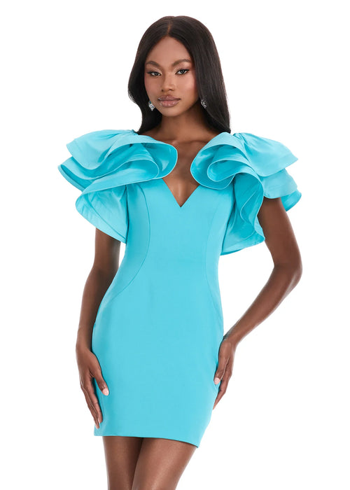 Yesenia Mini Dress | Ocean Mini dress with bold ruffled sleeves, sleek fitted silhouette, and chic short cut.