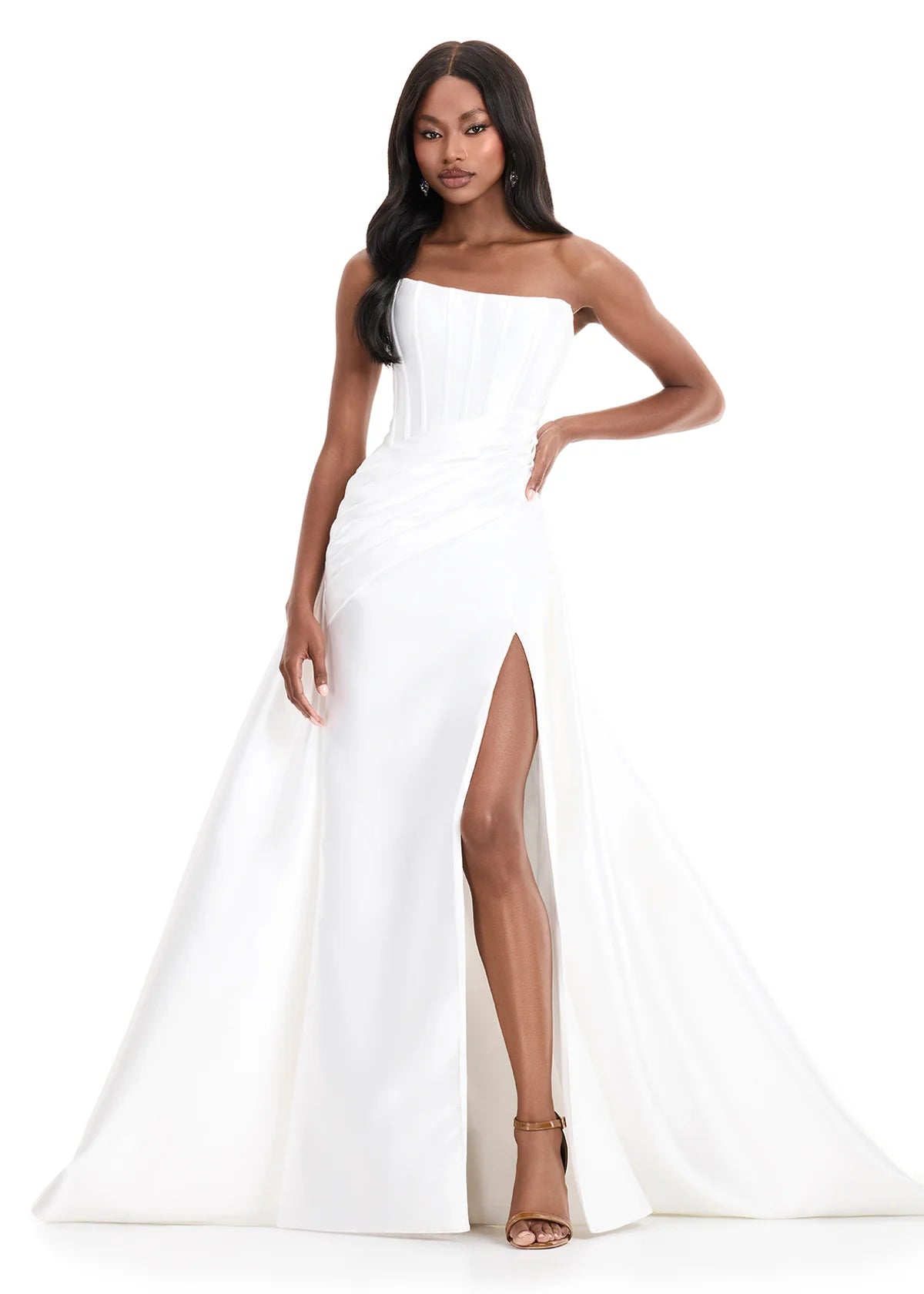 ASHLEYlauren 12056 Gown | Ivory Mikado ball gown with strapless pleated bodice, dramatic overskirt, and front slit.