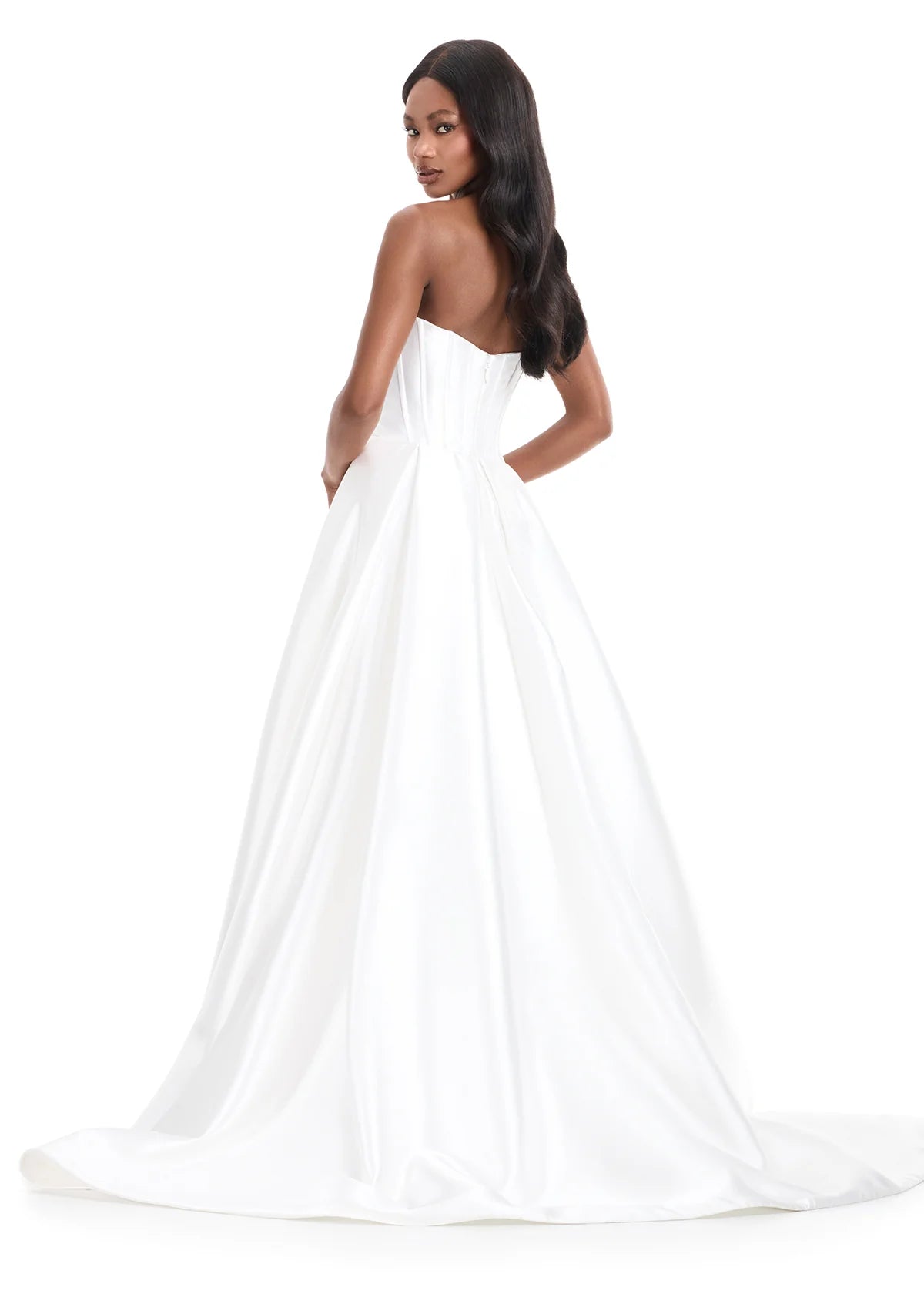 ASHLEYlauren 12056 Gown | Ivory Elegant ball gown featuring structured pleated bodice, flowing skirt, and statement slit.