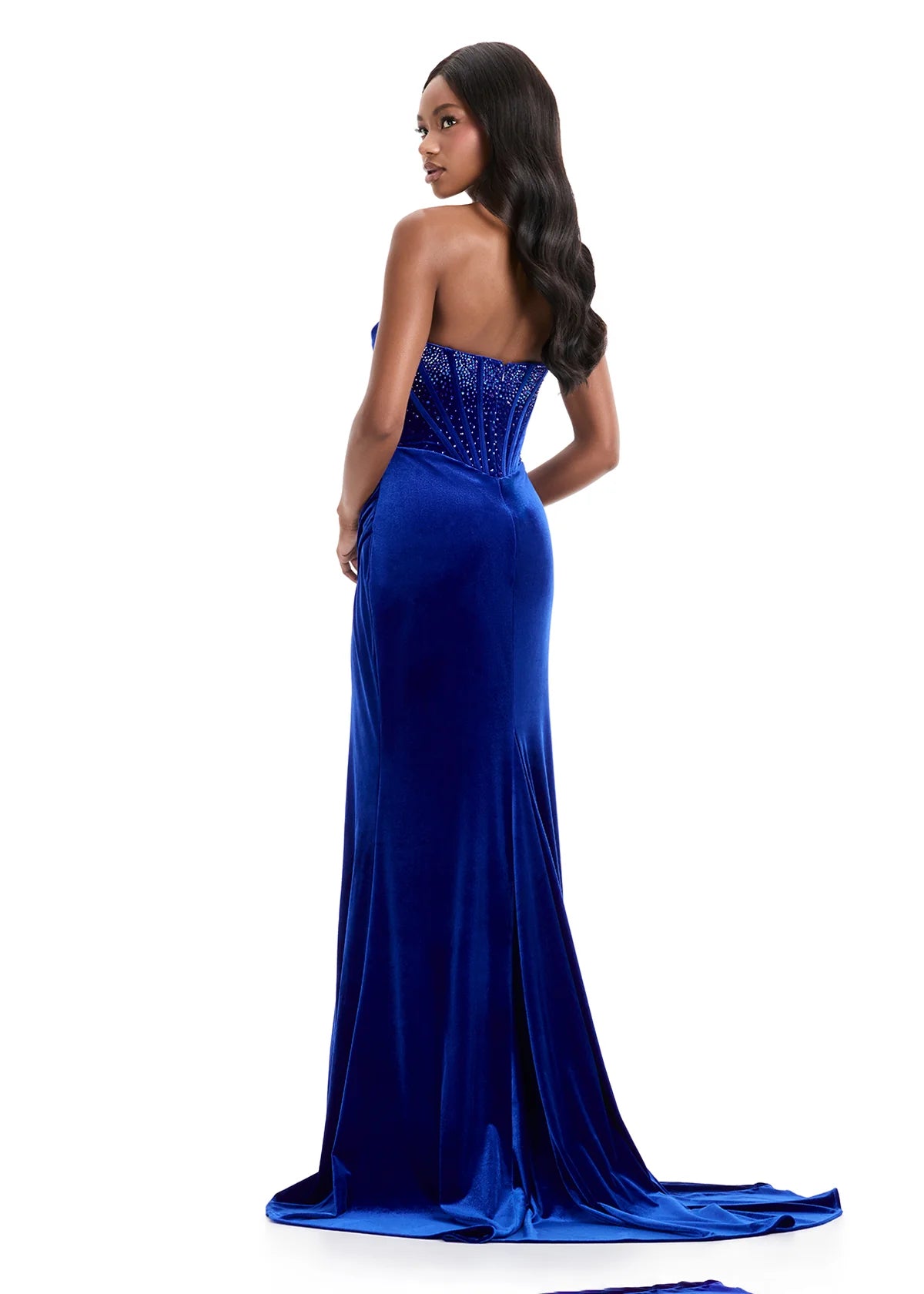 Jianna Gown ASHLEYlauren 12075 | Royal Elegant velvet evening gown featuring delicate beadwork, fitted bodice, and dramatic train.