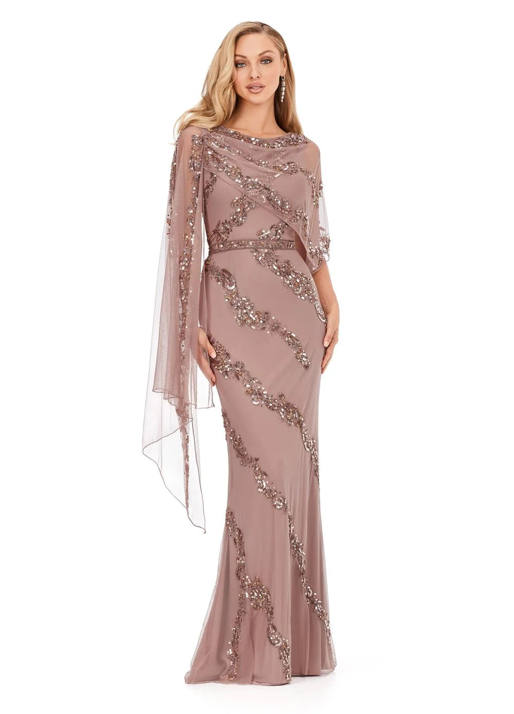 Dark Taupe ASHLEYlauren Maelis Gown 11213 featuring all-over hand beading, a structured bustier, and an asymmetrical draped overlay on the left arm, ideal for red carpet and formal events