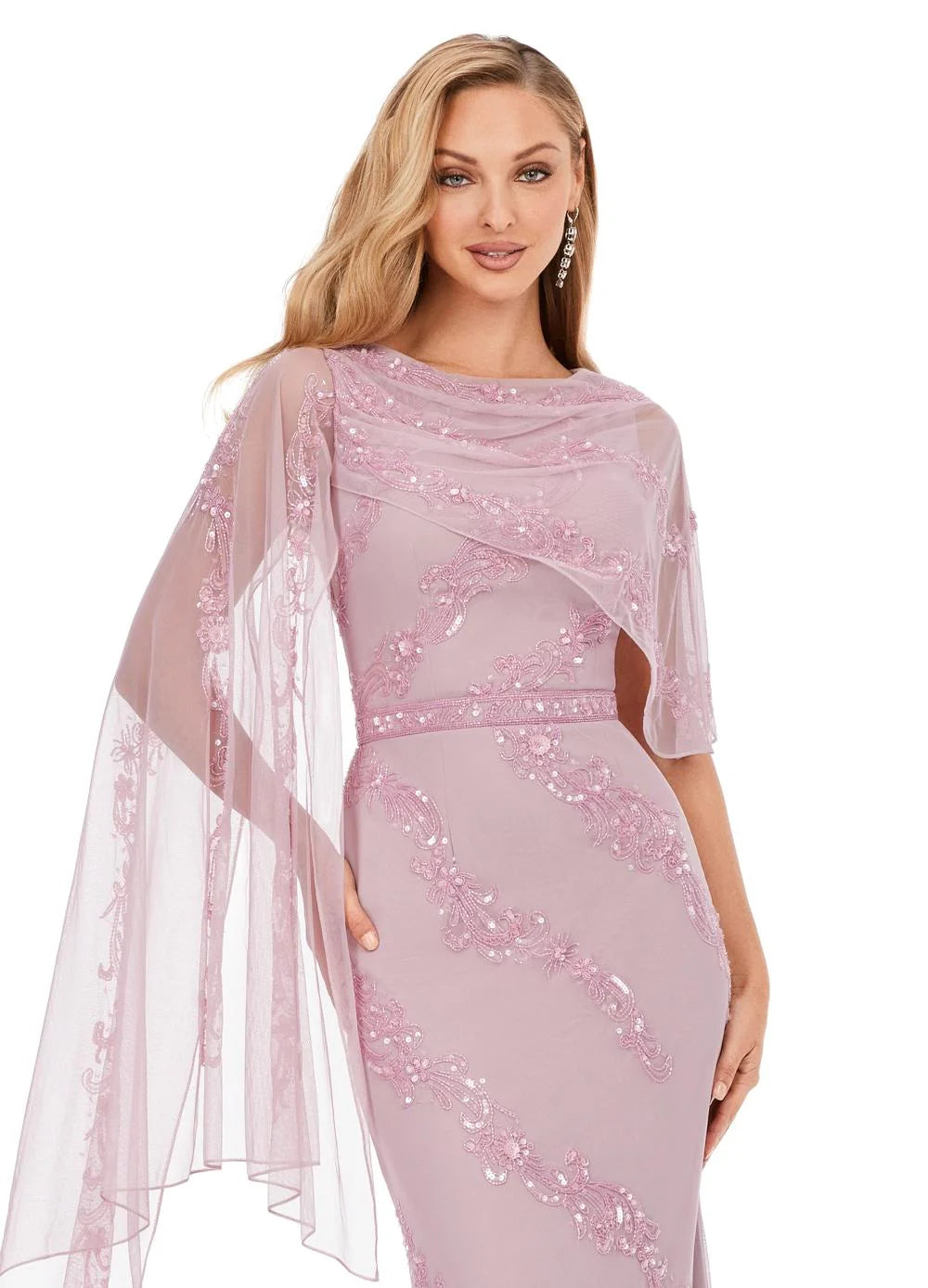 Dusty Rose ASHLEYlauren Maelis Gown 11213 featuring all-over hand beading, a structured bustier, and an asymmetrical draped overlay on the left arm, ideal for red carpet and formal events