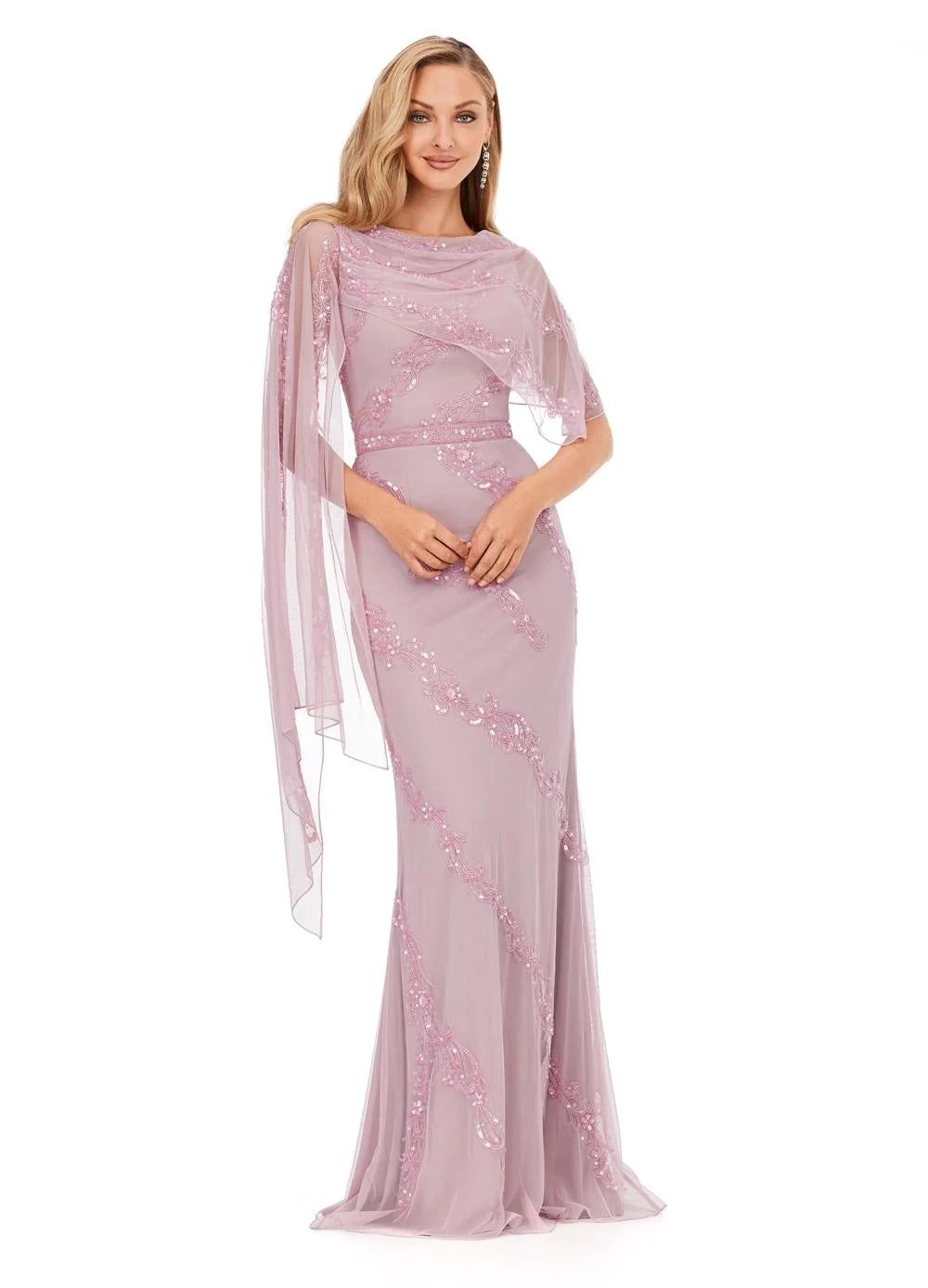 Dusty Rose ASHLEYlauren Maelis Gown 11213 featuring all-over hand beading, a structured bustier, and an asymmetrical draped overlay on the left arm, ideal for red carpet and formal events