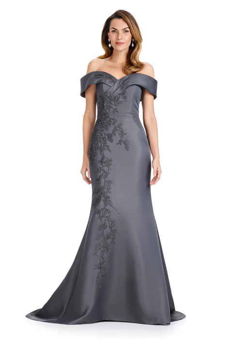 Mariella Gown | Charcoal Satin trumpet gown with off-the-shoulder neckline and embroidered appliqué, fitted bodice and graceful flared hem design.