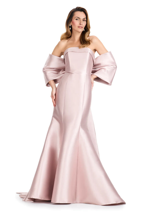 Annabella Gown | Taupe Strapless Mikado mermaid gown with sculpted fit, oversized back bow, and sweeping train for a bold, modern, high-impact formal look.