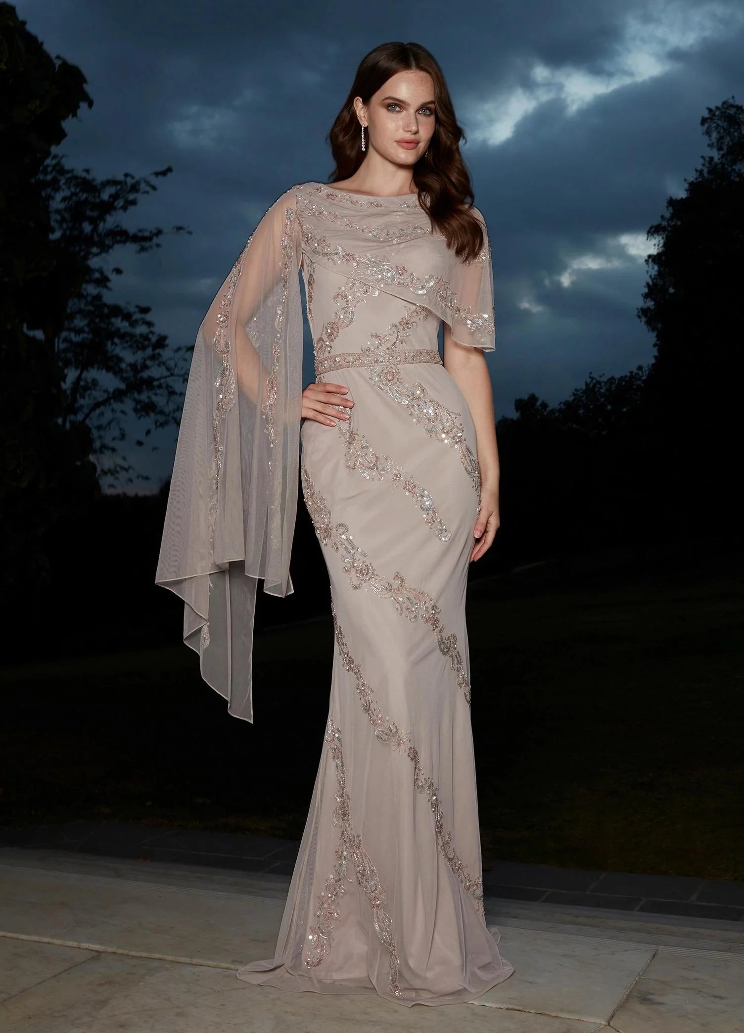 Marble ASHLEYlauren Maelis Gown 11213 featuring all-over hand beading, a structured bustier, and an asymmetrical draped overlay on the left arm, ideal for red carpet and formal events