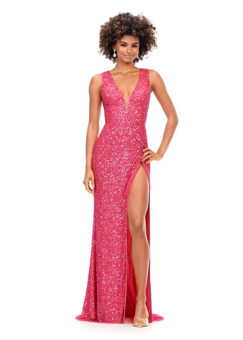 Devora Gown | Electric-Watermelon hand-beaded fitted V-neck gown with a lace-up open back and left leg slit, available in vibrant colours for a stunning look