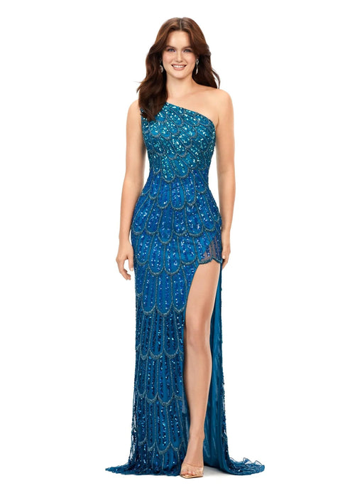 Bonnie Gown | Peacock Fully beaded one-shoulder gown with peacock-inspired pattern, asymmetrical lace-up back, left-leg slit, and elegant sweep train.