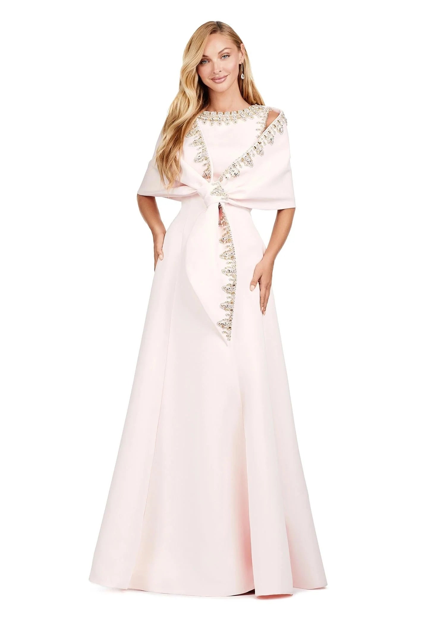 ASHLEYlauren 11426 India Gown – Elegant beaded evening gown with a refined crew neckline, crystal embellishments, a flowing A-line satin skirt, and a sheer beaded shawl for a sophisticated and timeless look.