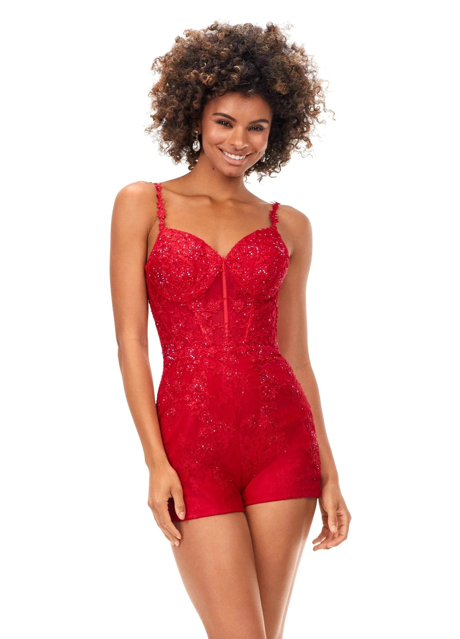 Red ASHLEYlauren Odessa Romper 11333 featuring delicate lace appliqué, spaghetti straps, heat-set stones, fitted romper base, and detachable chiffon overskirt for a versatile formal look