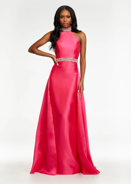 Renelle Gown | Fuchsia mikado column gown with a beaded halter neckline, open back, and attached overskirt for a dramatic, elegant layered look