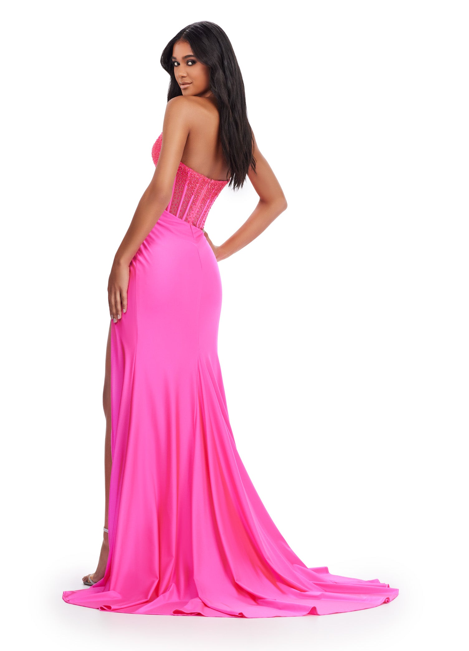 Fuchsia Strapless Evening Gown with Silver Beaded Corset and Thigh-High Slit – Glamorous Formal Wear